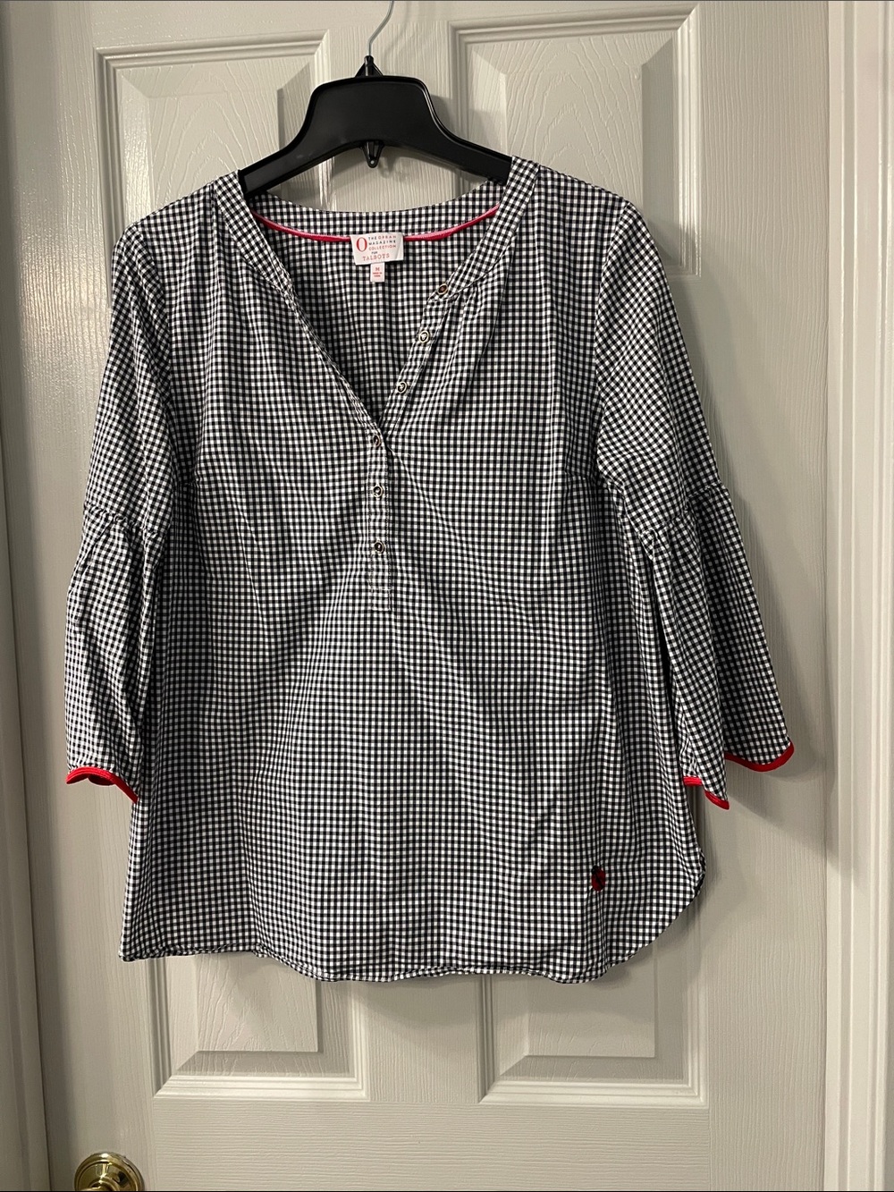 Talbots Black and White Gingham Henley Top with Red Trim